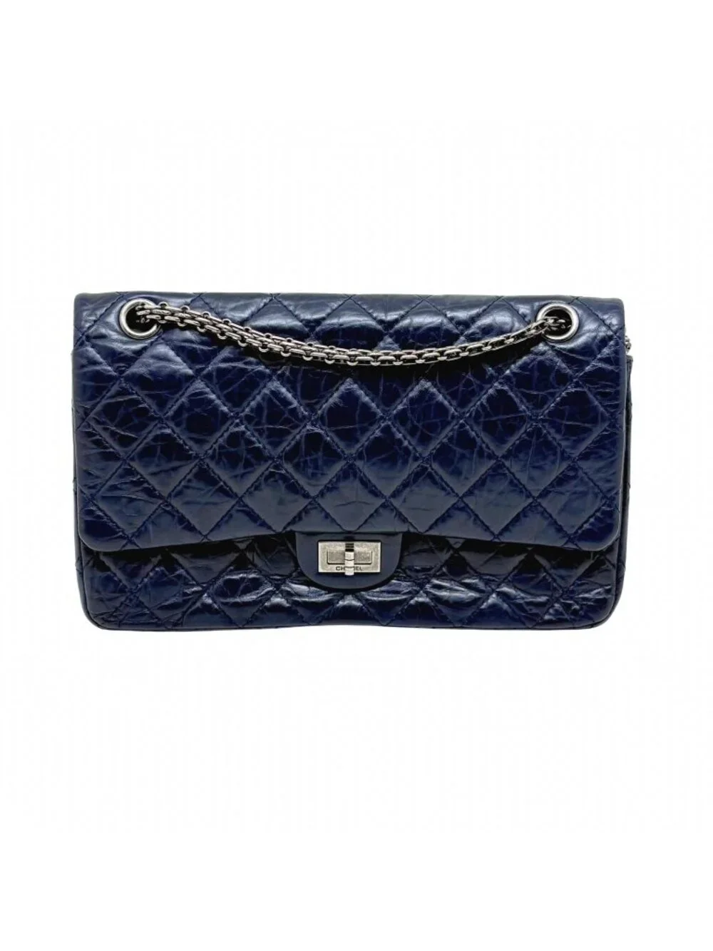 Chanel 2.55 Large Flap Shoulder Bag Aged Calfskin Navy Silver Mademoiselle Lock